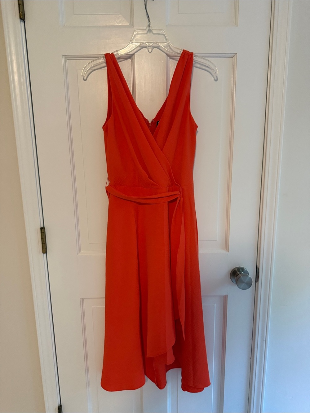 DKNY V‑Neck Asymmetrical Wrap Dress in Vibrant Orange
